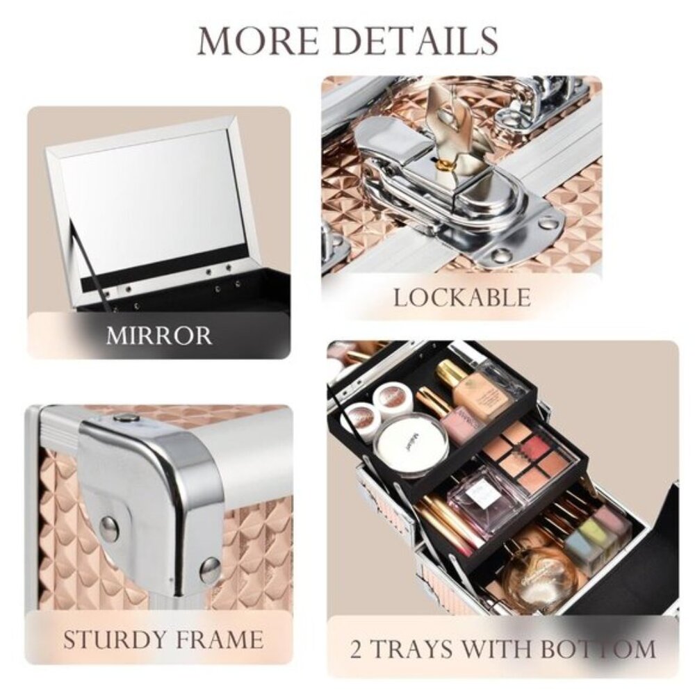 New Rose Gold Kids Makeup Train Case, Lockable Box with Mirror for Travel Use - Picture 6 of 10